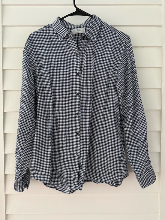 Uniqlo Tops - Uniqlo | 100% Linen Navy White Gingham Button Down Shirt Medium